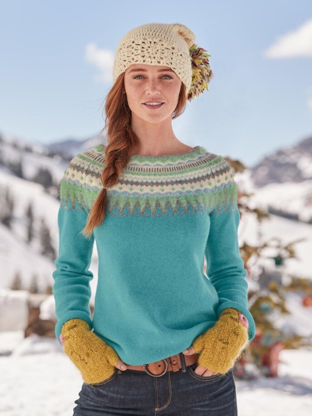 Sundance Piper Fair Isle Sweater Teal and Green wool/ cotton blend Small Petite
